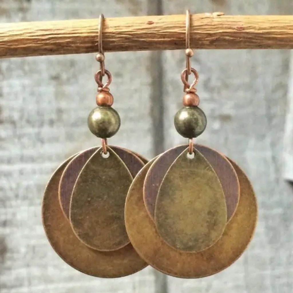 Retro Bohemian Bronze Boho Round Drop Shaped Layered Dangle Earrings 15$